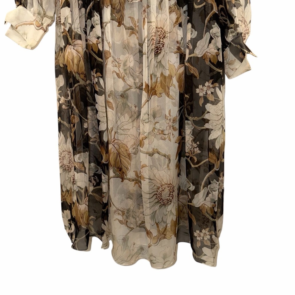 Oscar de la Renta Black Cream Midi Dress Silk Floral Tie Neck 6 Formal Wedding - Picture 7 of 15